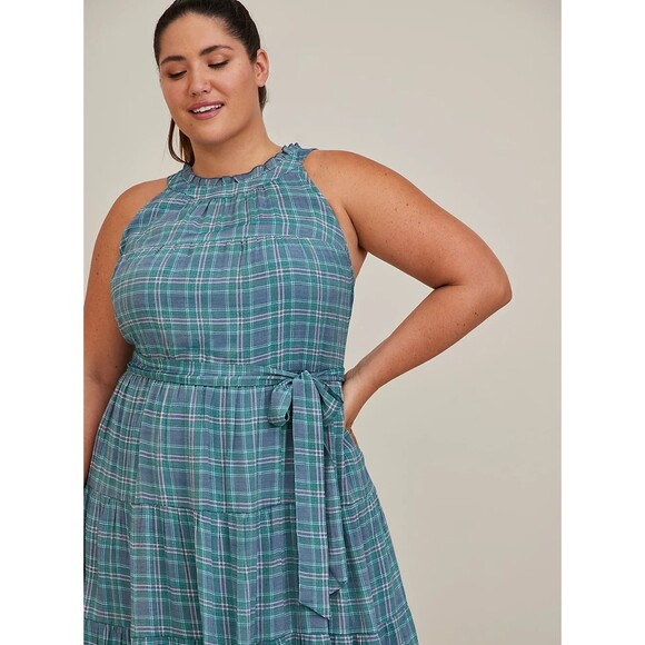 NWT Torrid 1X Blue Plaid Sleeveless Maxi Lindsay Hi-Low Tiered Dress Size 14-16 - Picture 4 of 8